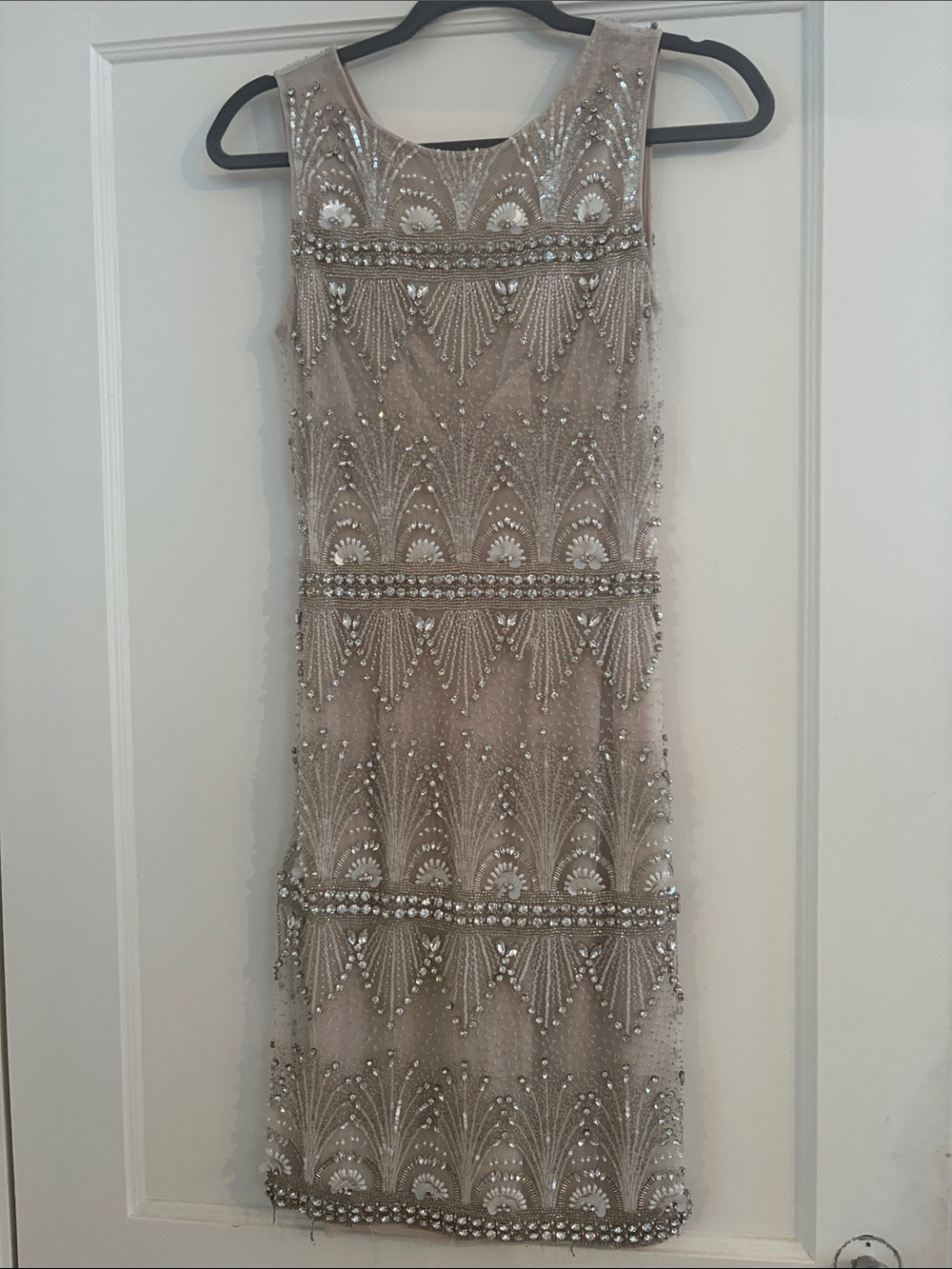 Beaded Taupe Mini Dress with Art Deco Embellishment